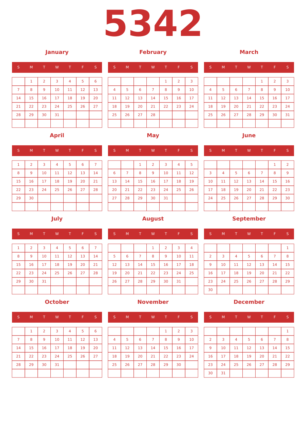 Printable 5342 Year Calendars red