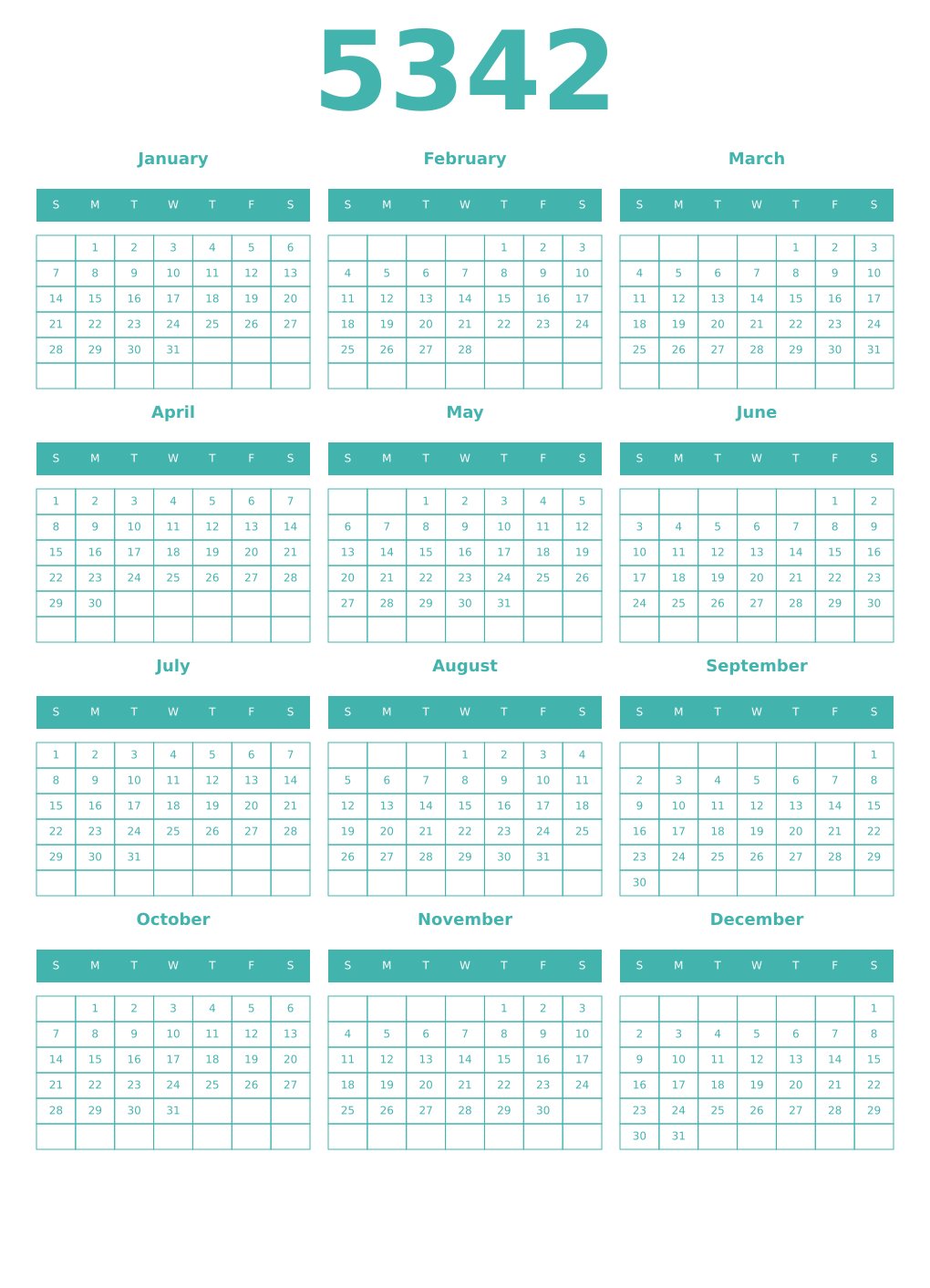 Printable 5342 Year Calendars verdigris