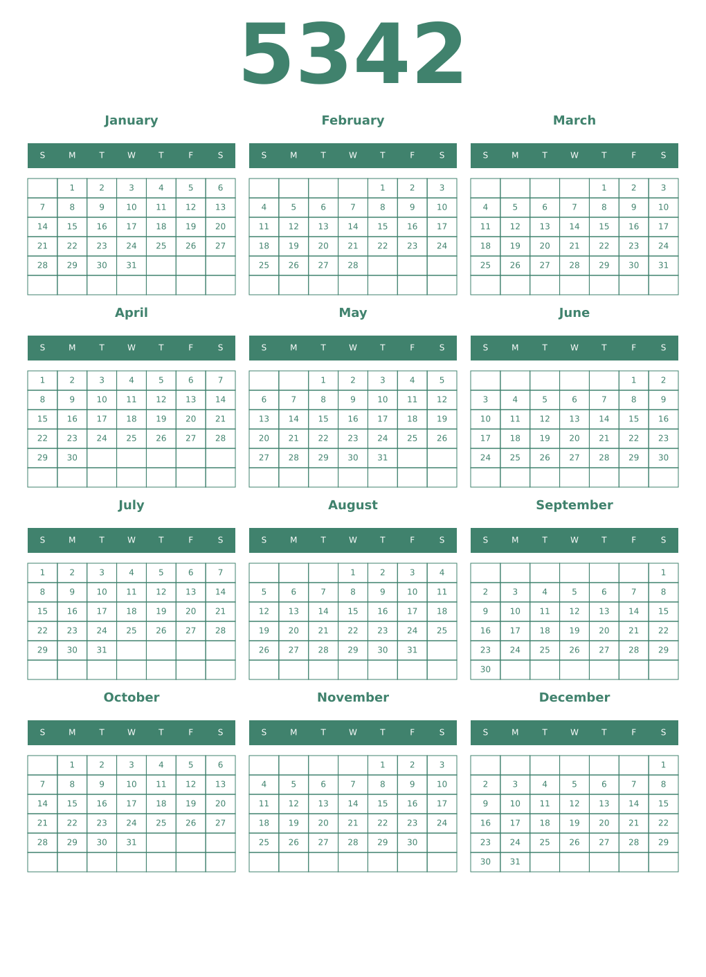 Printable 5342 Year Calendars viridian