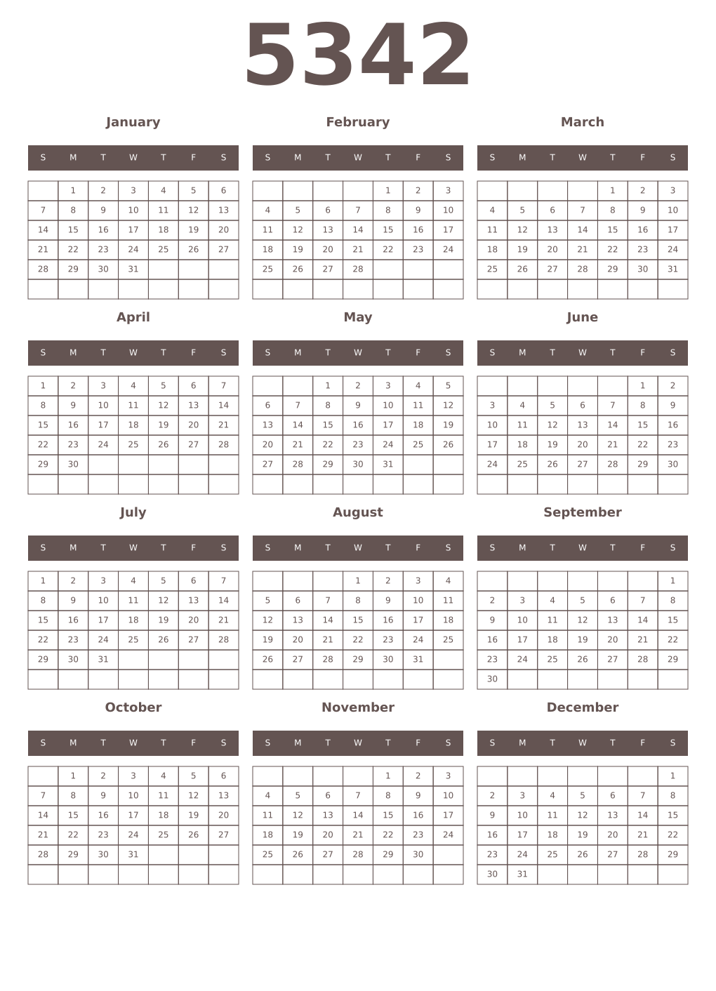 Printable 5342 Year Calendars wenge