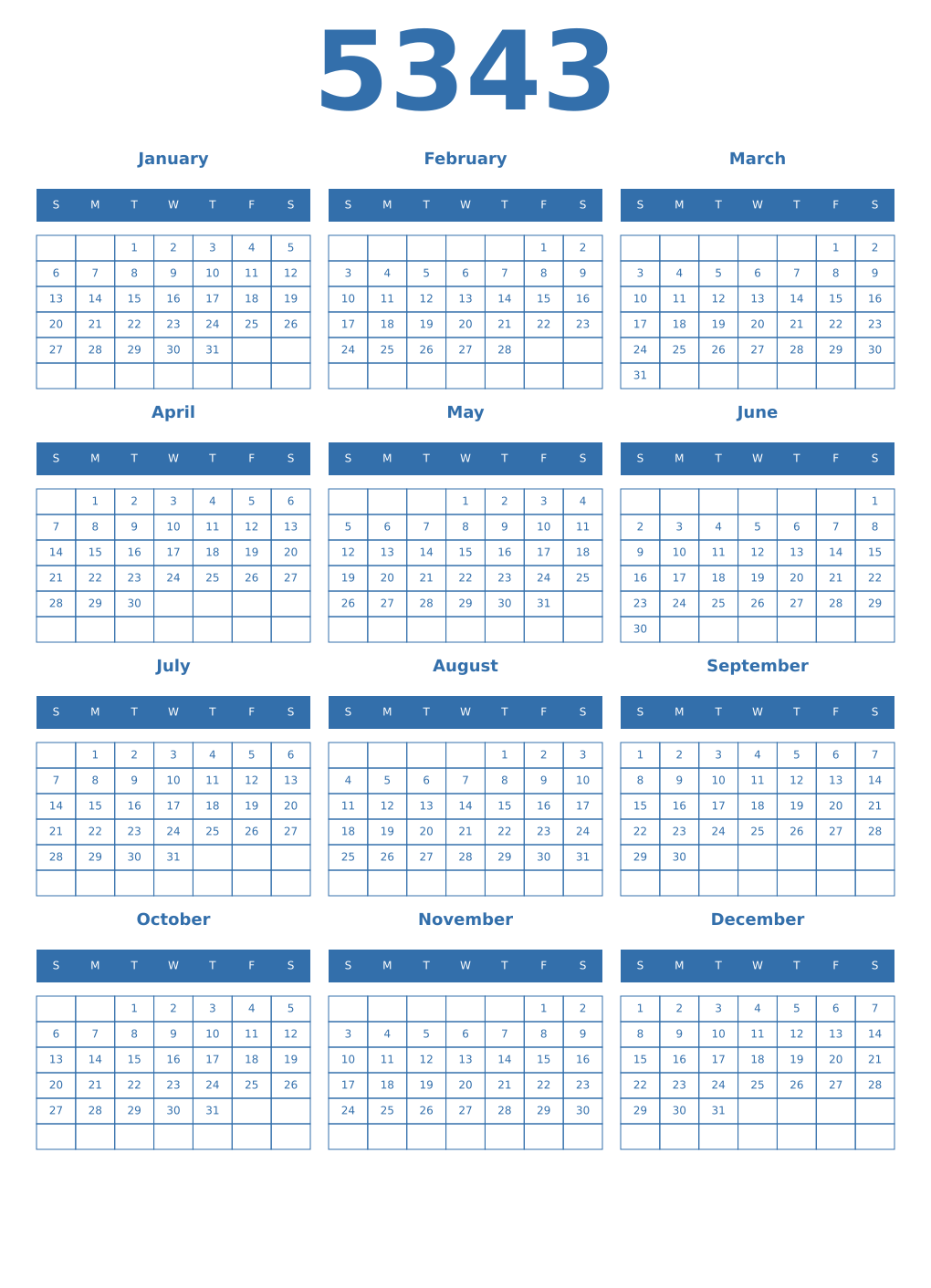 Printable 5343 Year Calendars blue