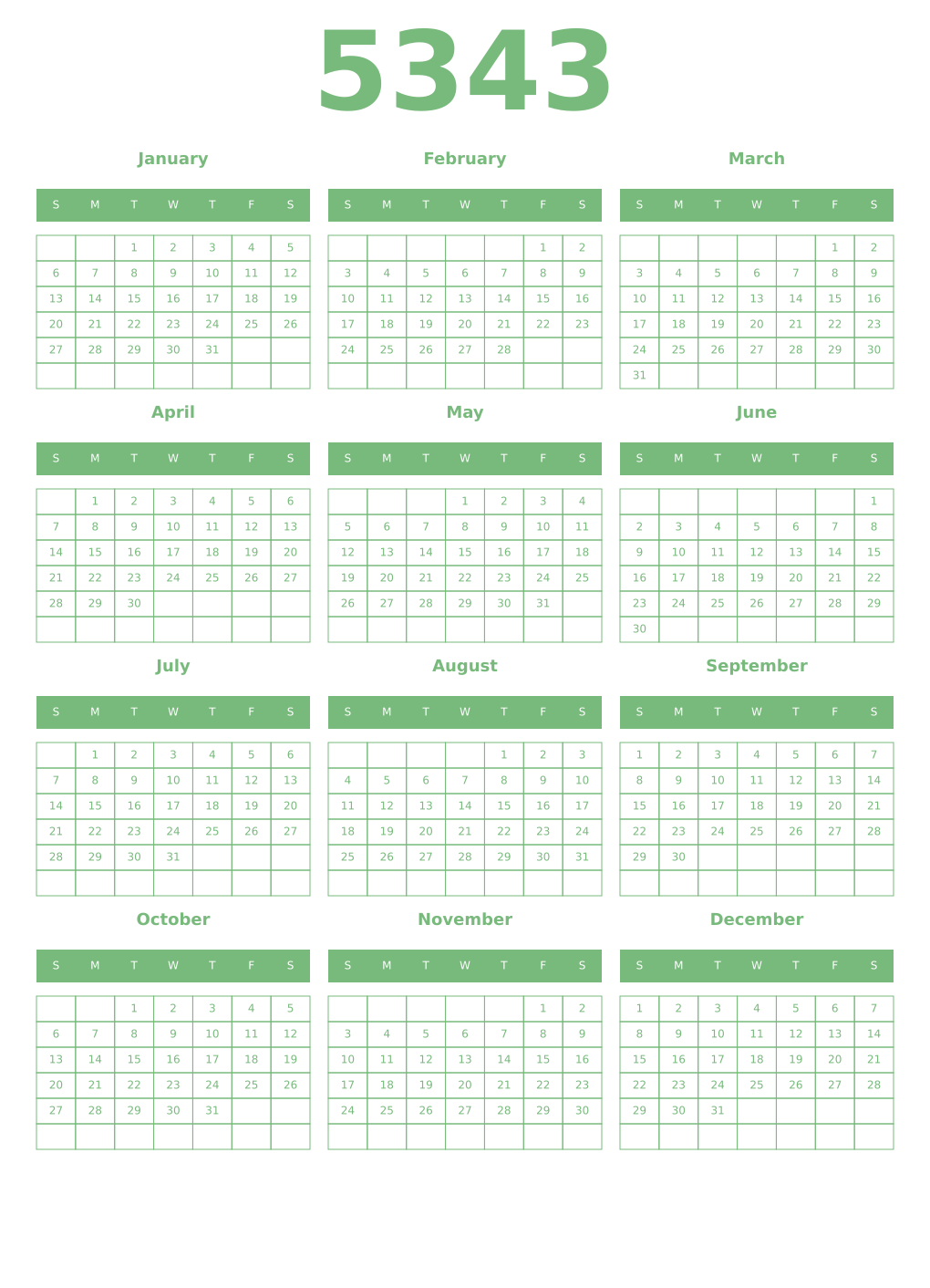 Printable 5343 Year Calendars celadon
