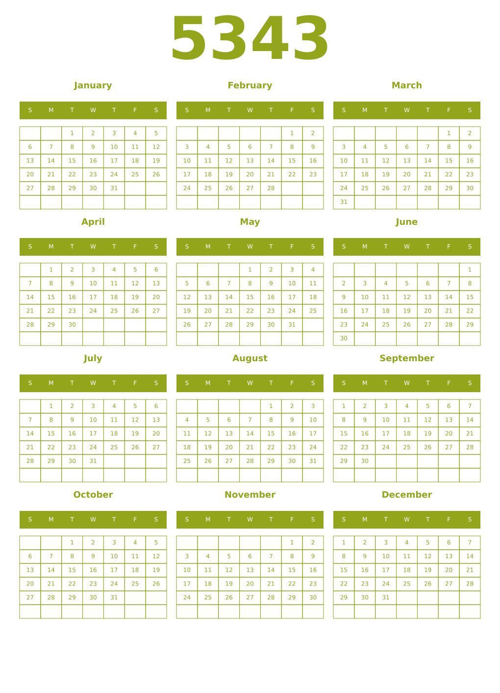 Printable 5343 Year Calendars chartreuse