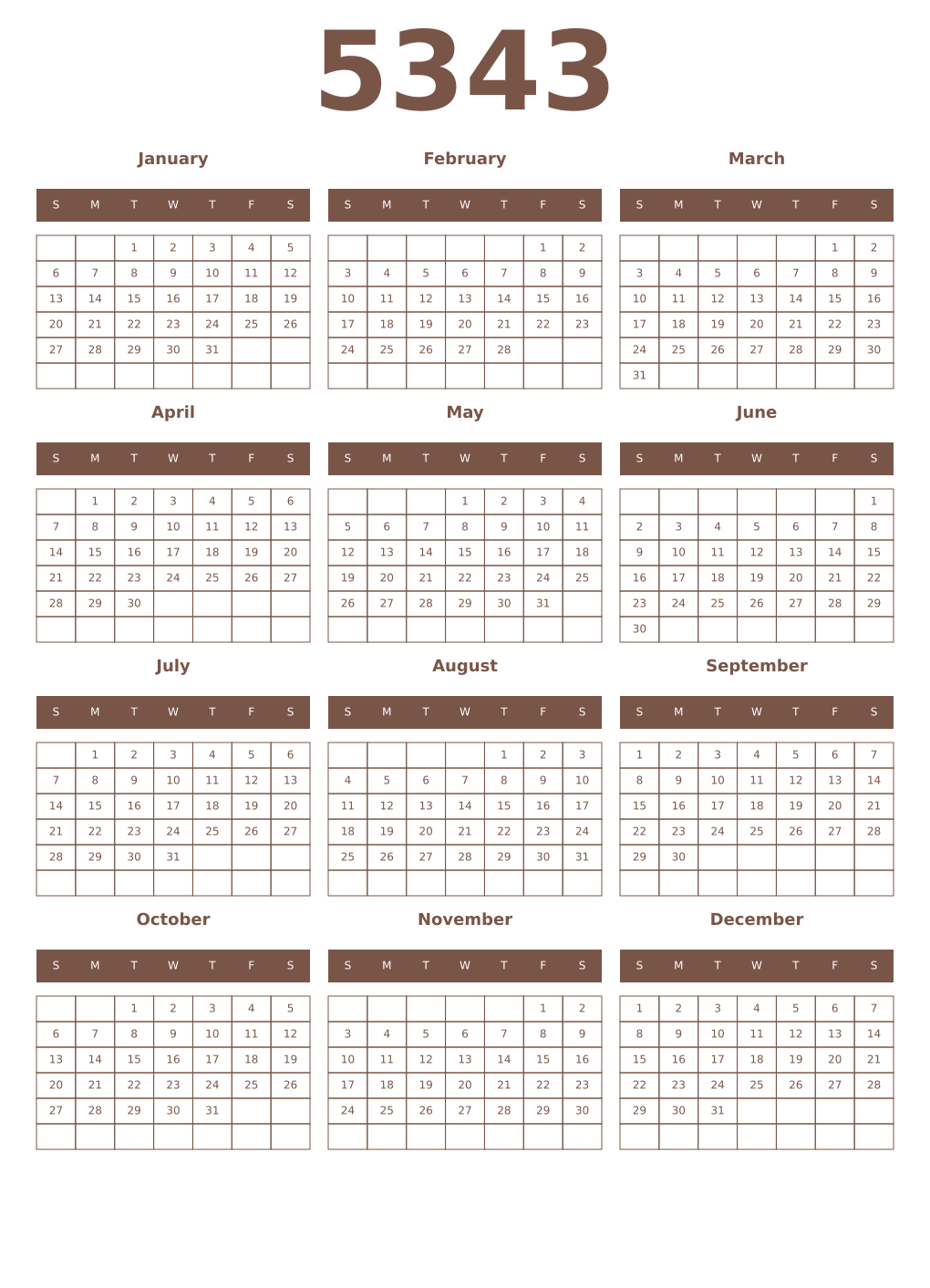 Printable 5343 Year Calendars coffe