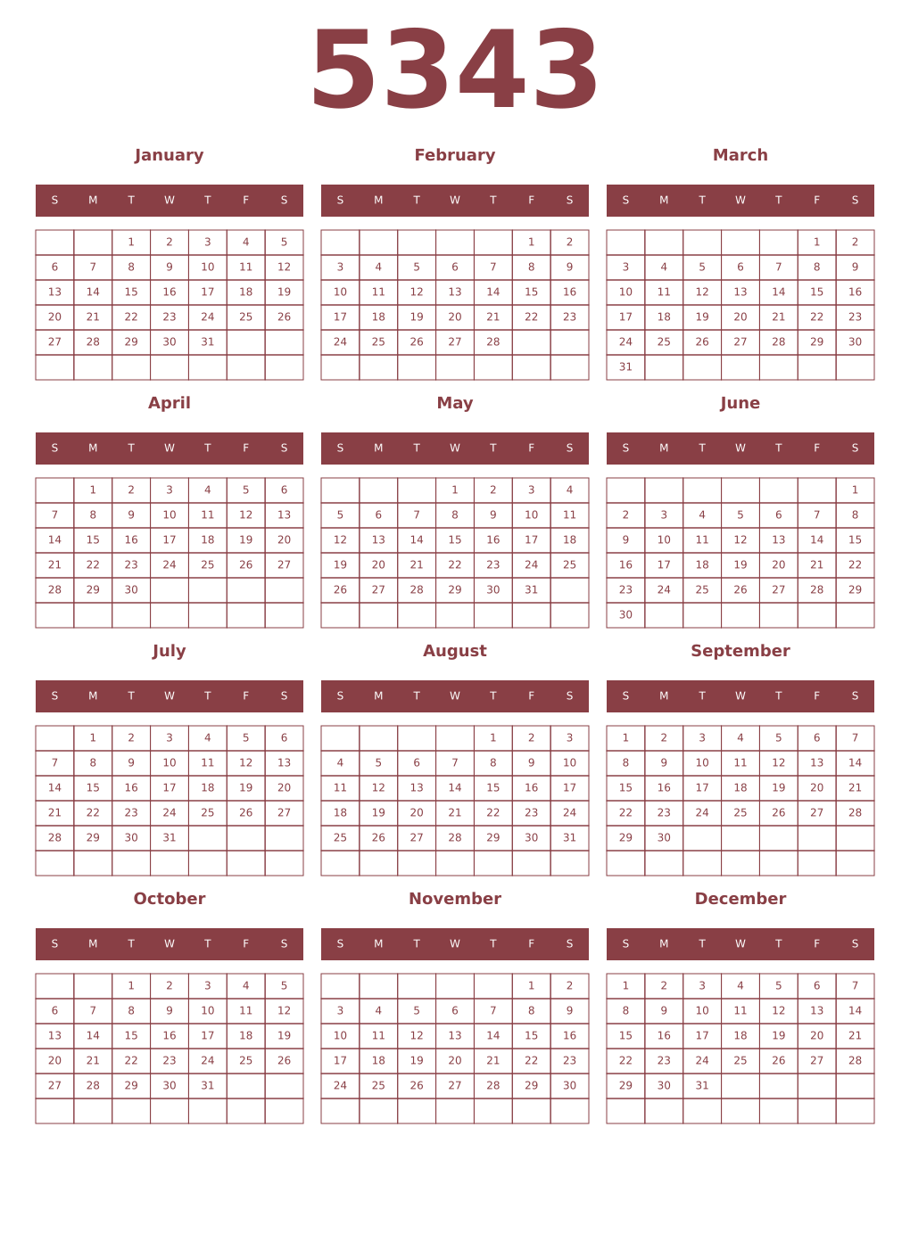 Printable 5343 Year Calendars cordovan