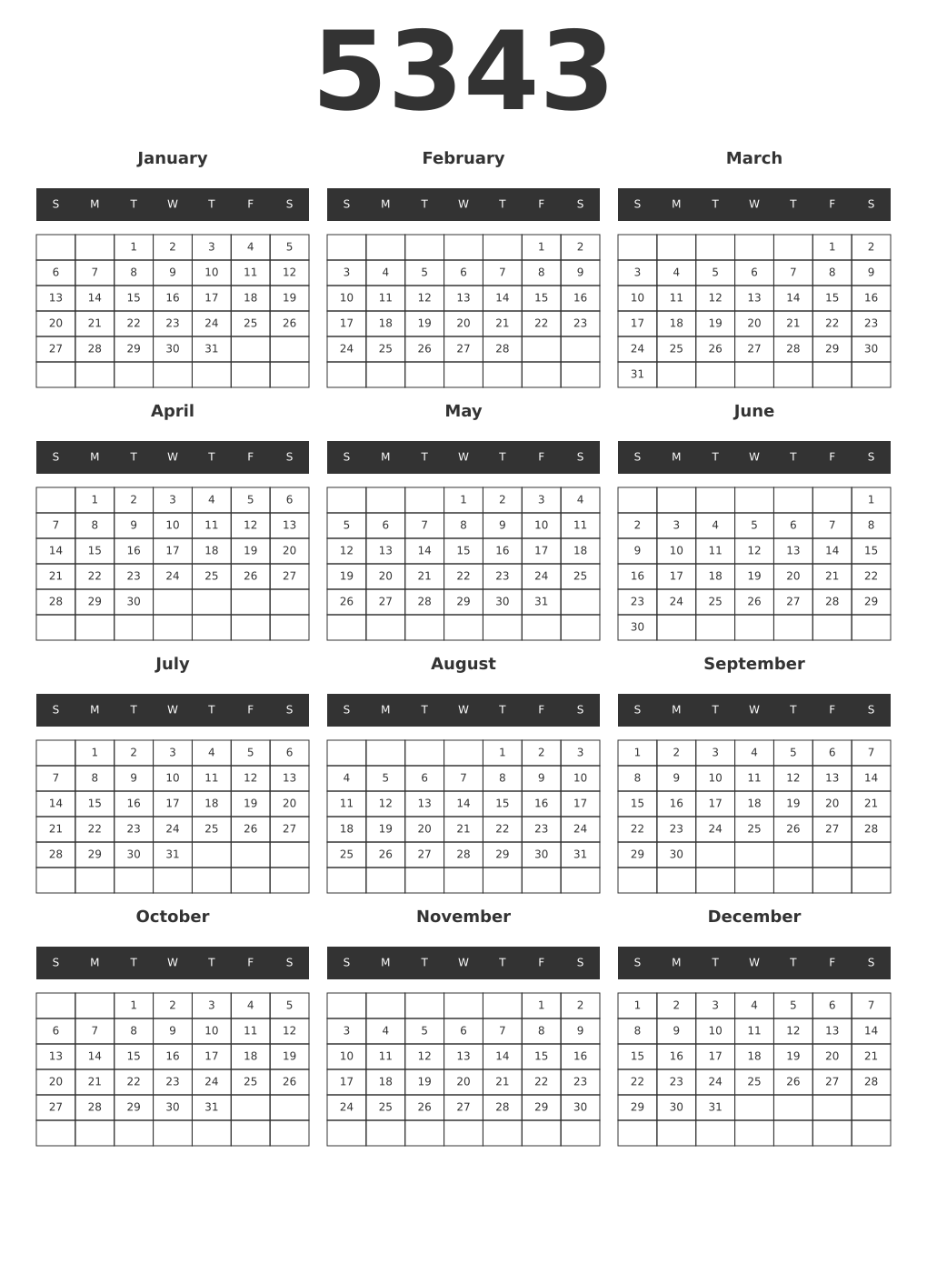 Printable 5343 Year Calendars dark