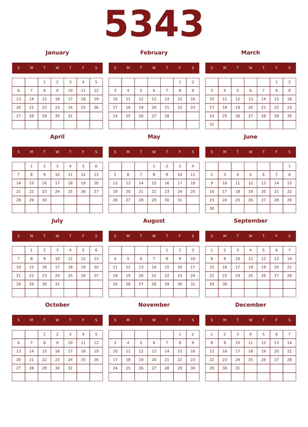 Printable 5343 Year Calendars falu