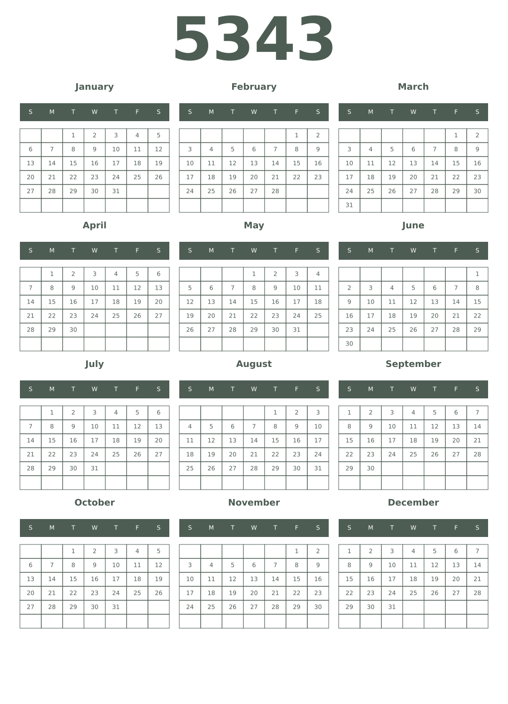 Printable 5343 Year Calendars feldgrau