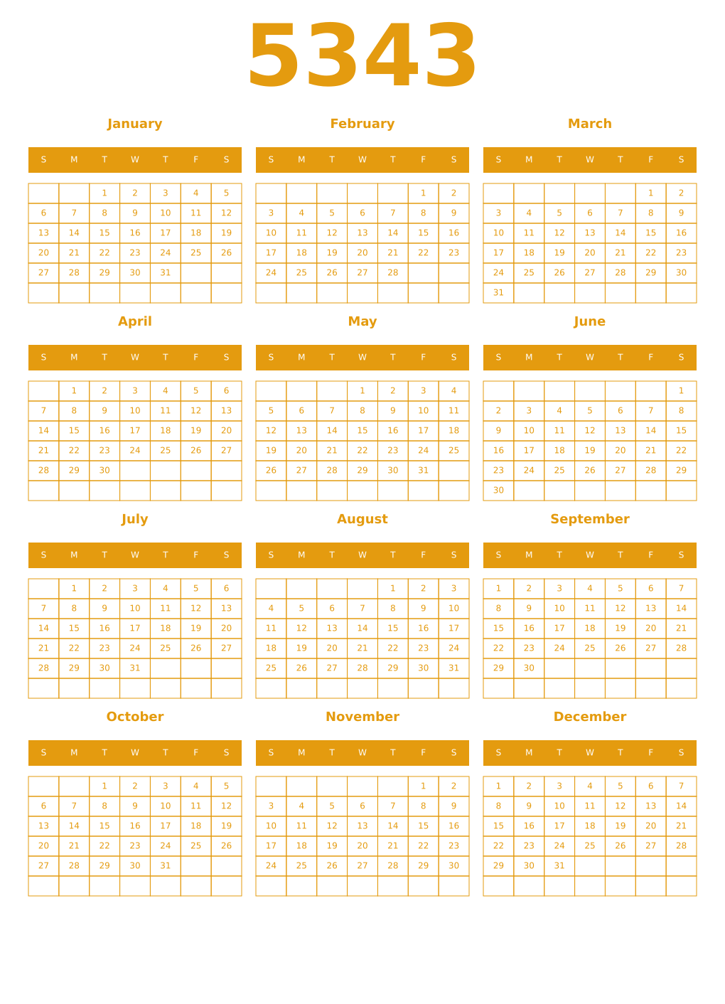 Printable 5343 Year Calendars gamboge