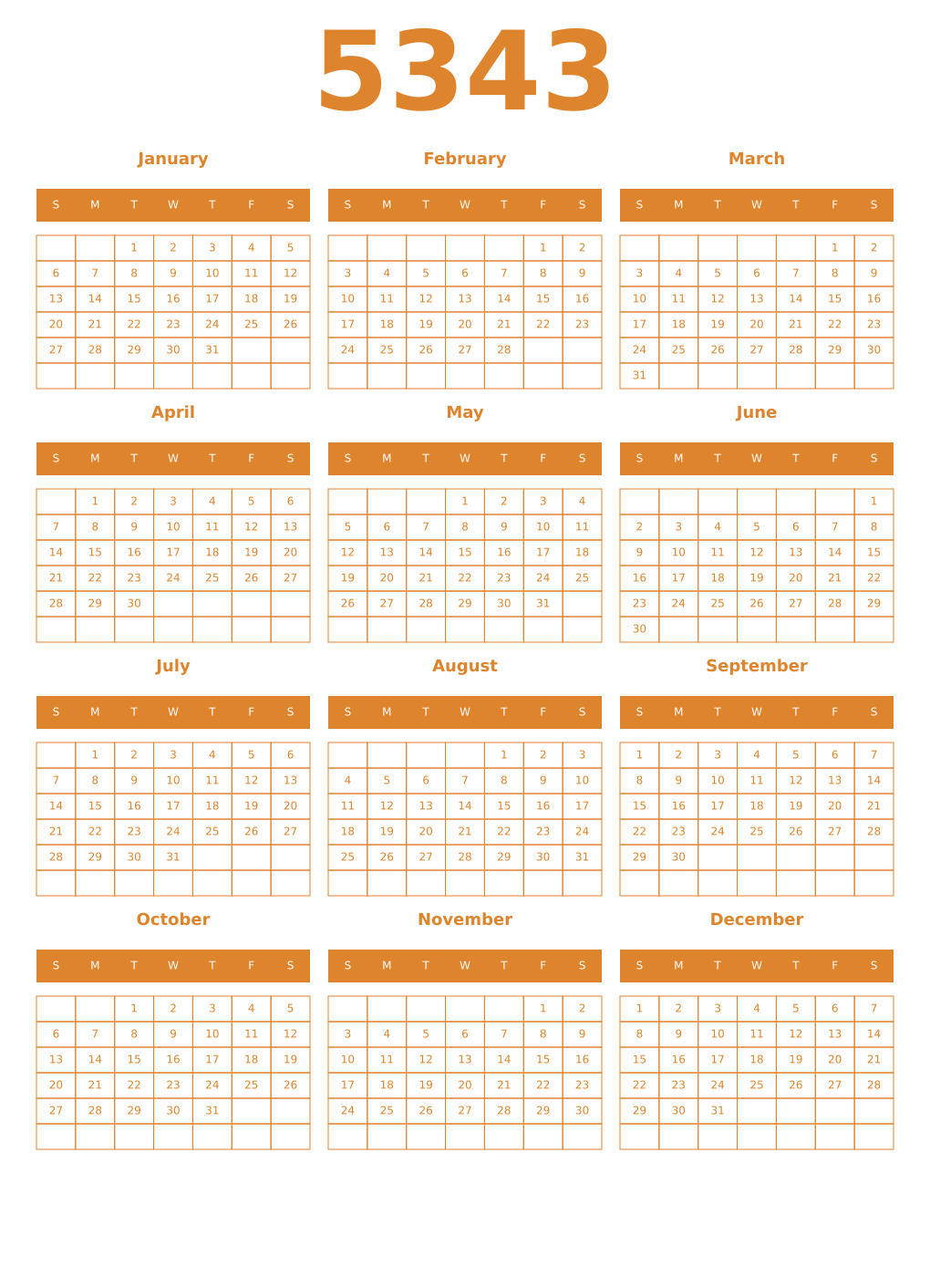 Printable 5343 Year Calendars orange