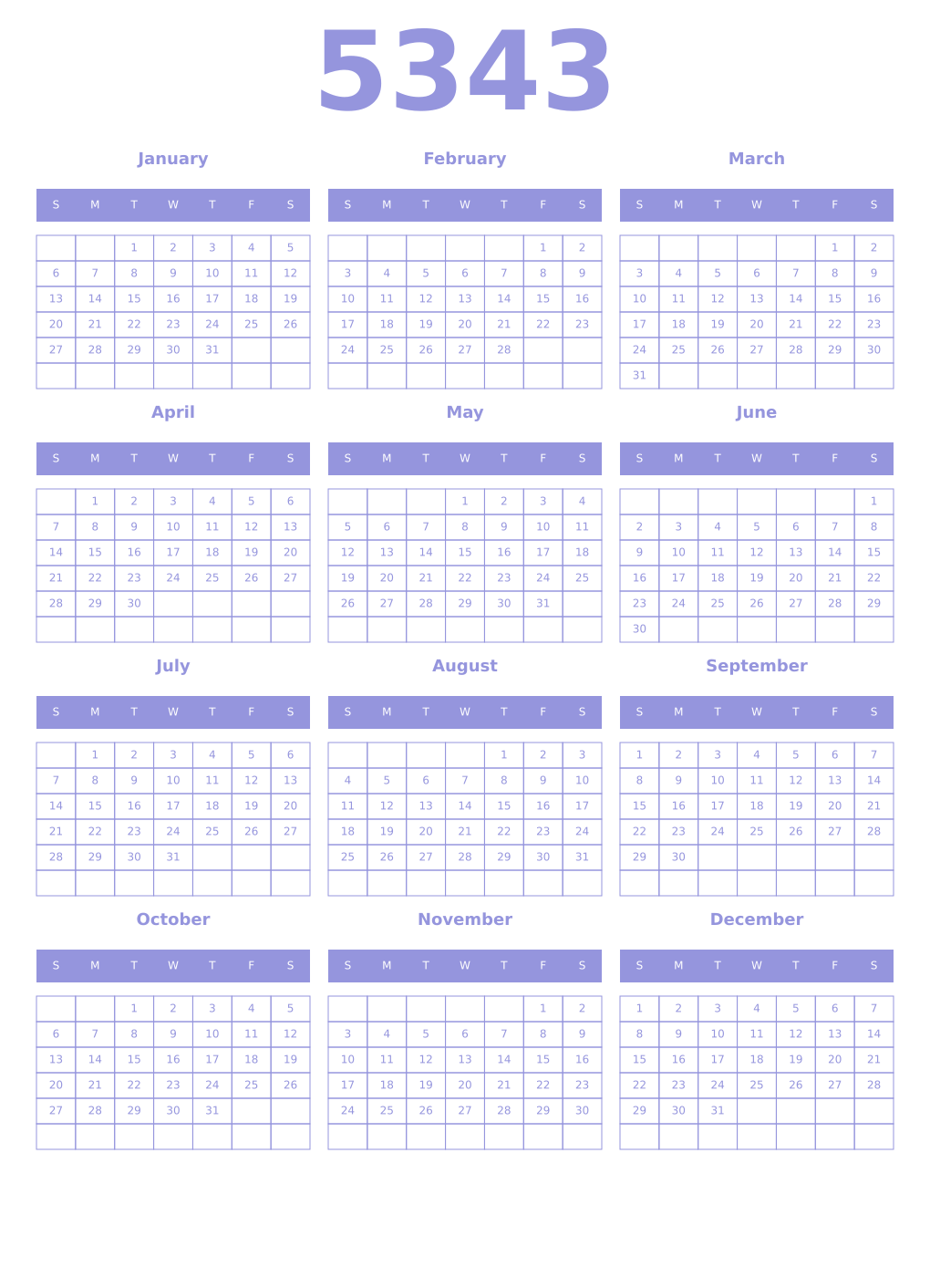 Printable 5343 Year Calendars periwinkle