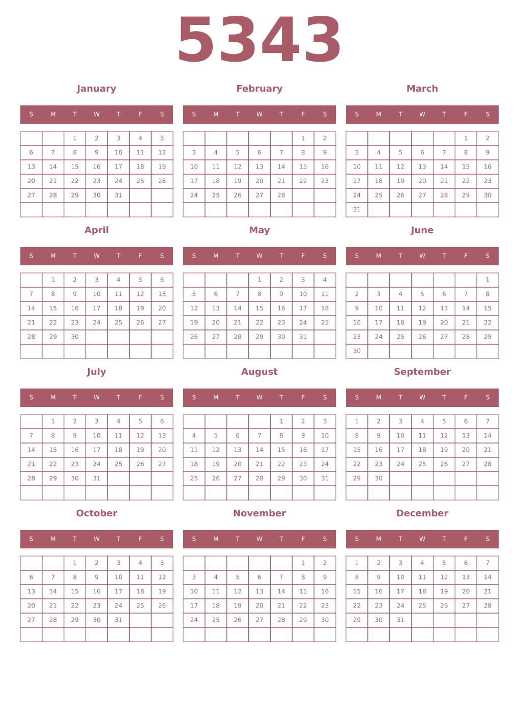 Printable 5343 Year Calendars puce