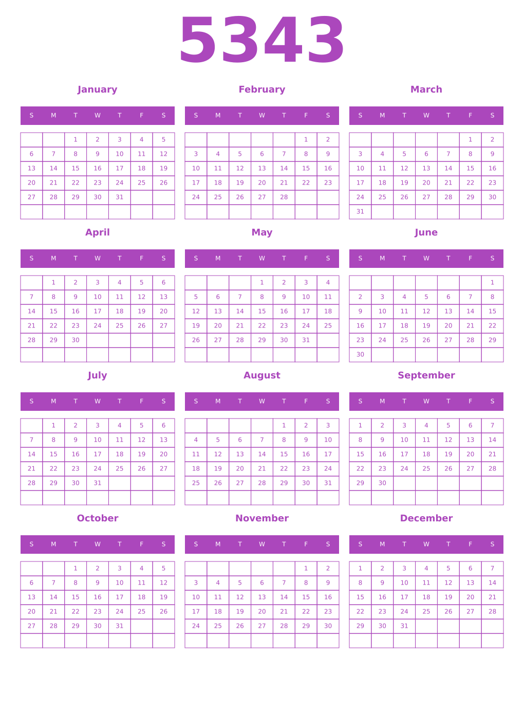 Printable 5343 Year Calendars purple