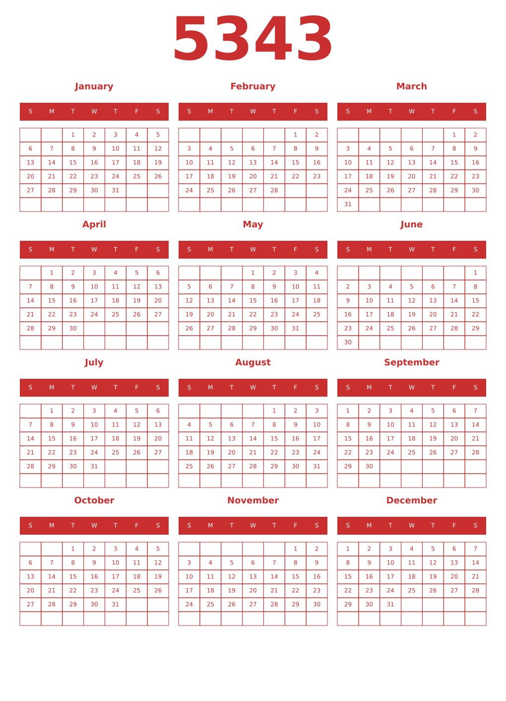 Printable 5343 Year Calendars red