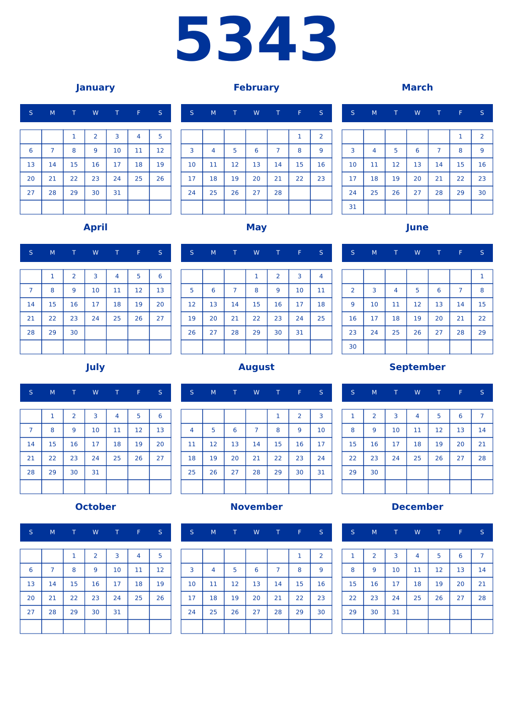 Printable 5343 Year Calendars smalt