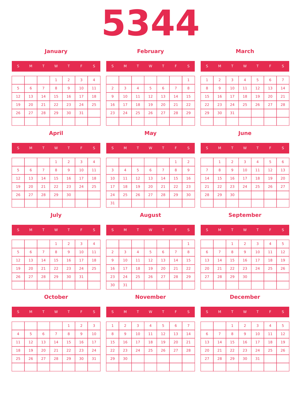 Printable 5344 Year Calendars amaranth