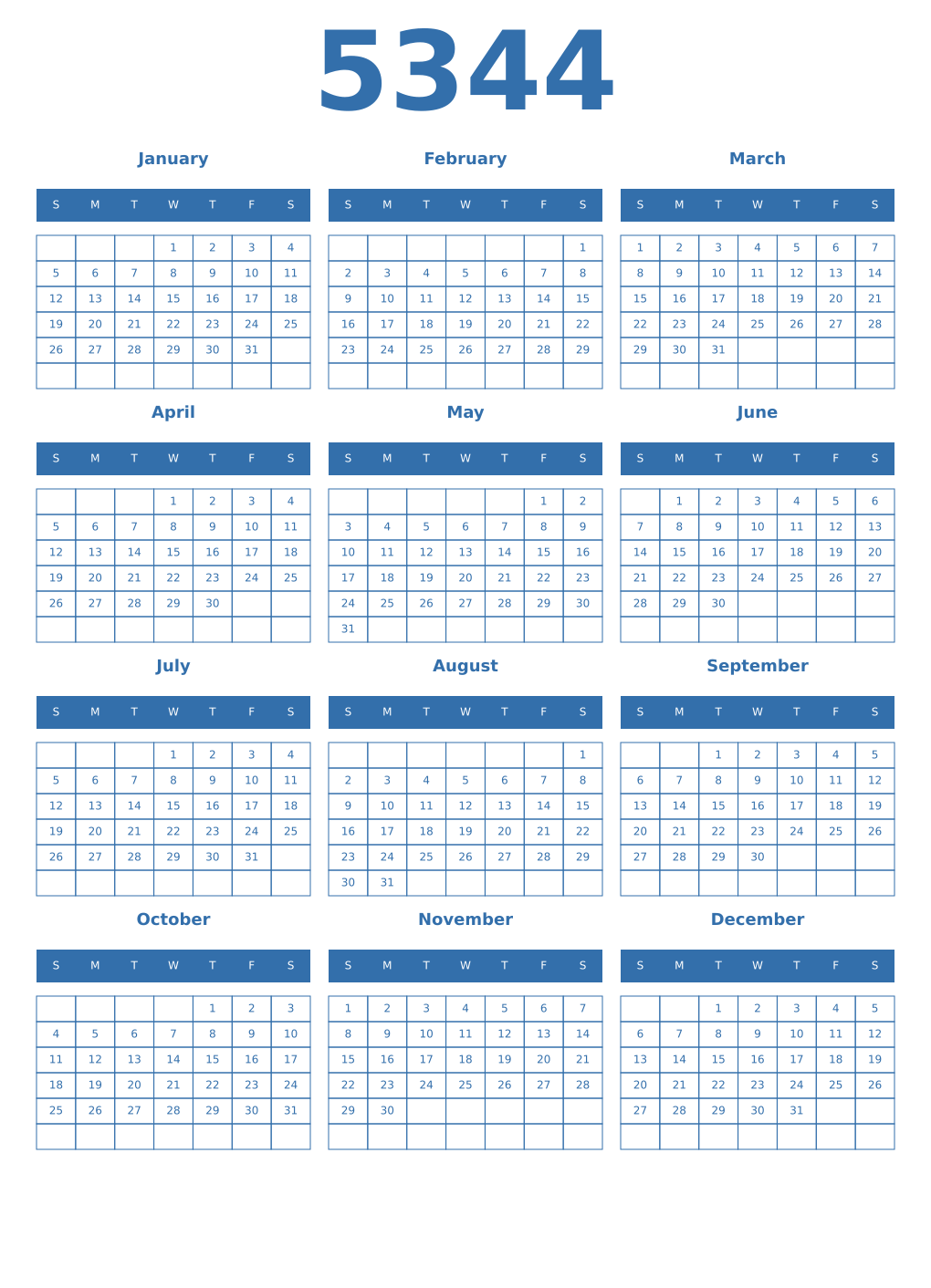 Printable 5344 Year Calendars blue