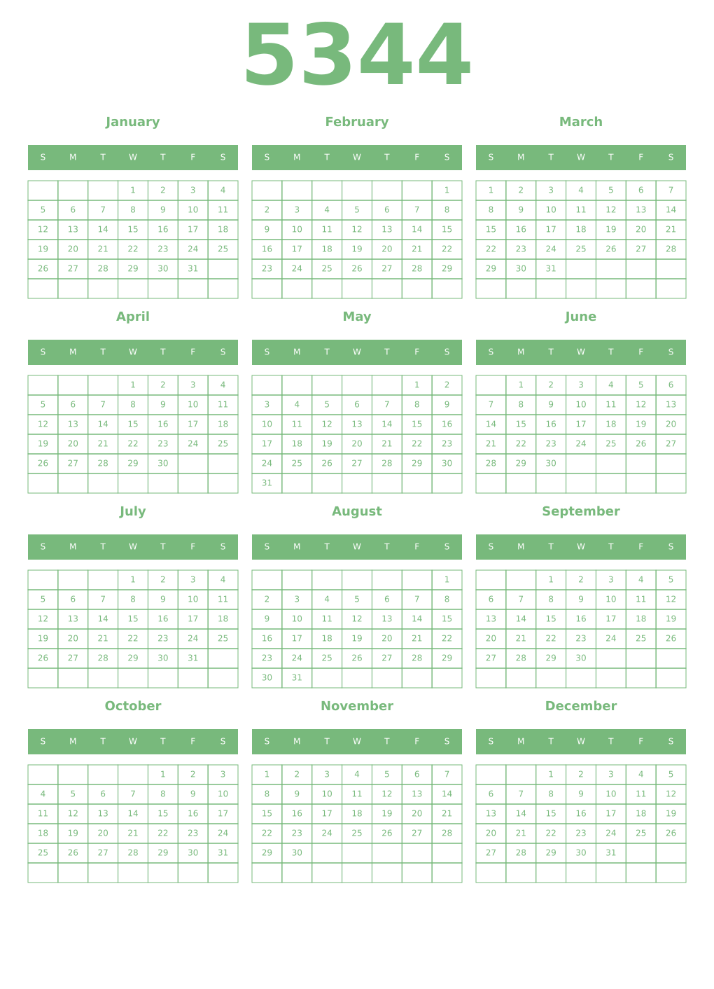 Printable 5344 Year Calendars celadon