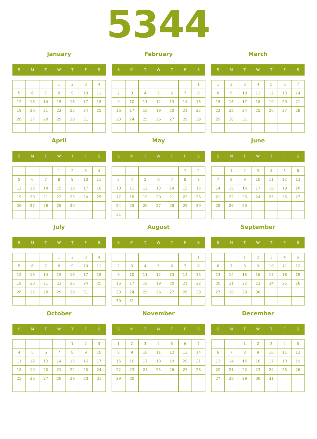 Printable 5344 Year Calendars chartreuse