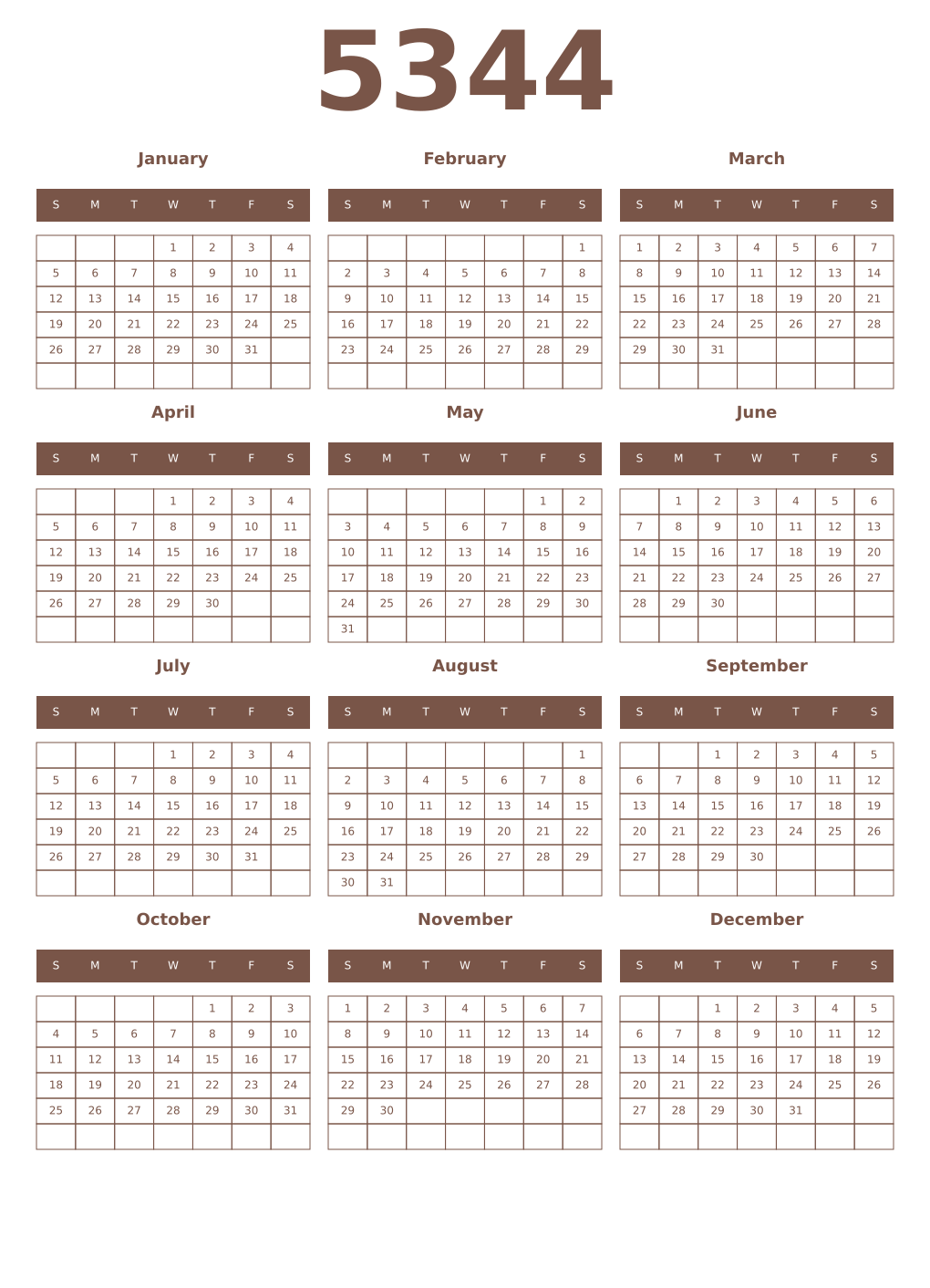 Printable 5344 Year Calendars coffe