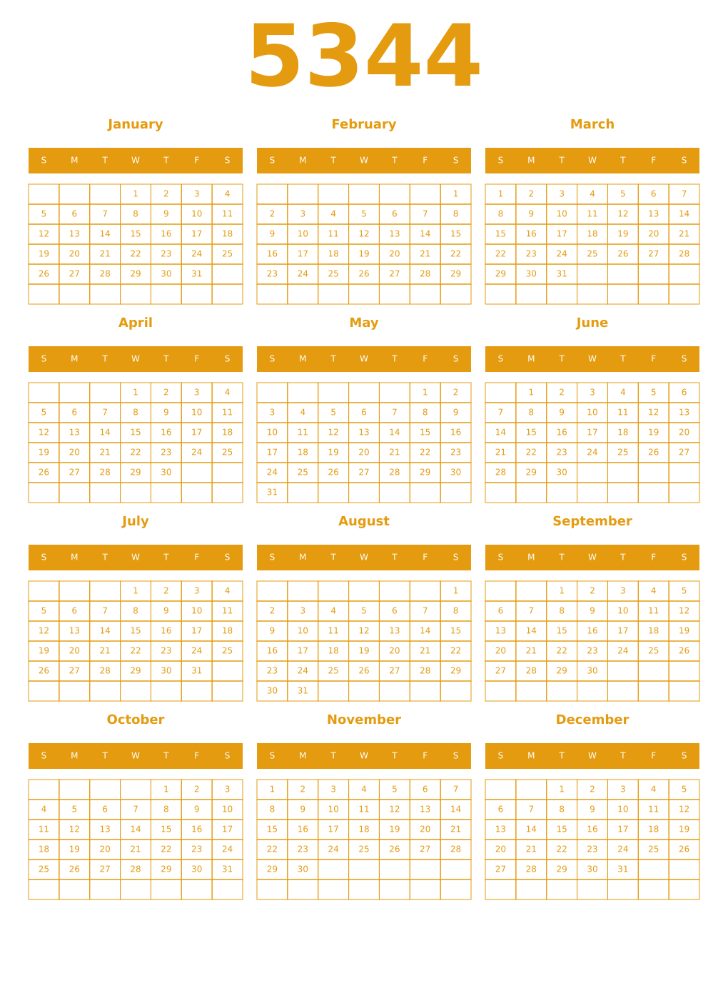 Printable 5344 Year Calendars gamboge