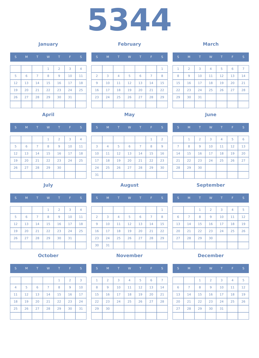 Printable 5344 Year Calendars glaucous