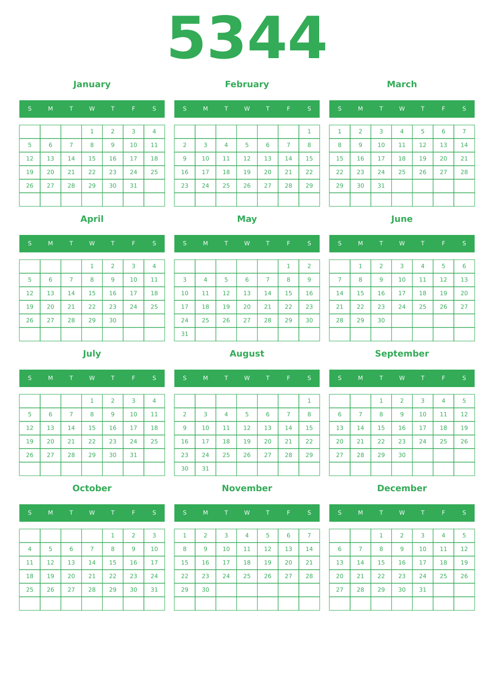 Printable 5344 Year Calendars green