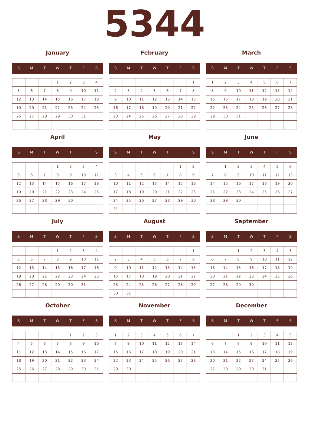 Printable 5344 Year Calendars mortuum