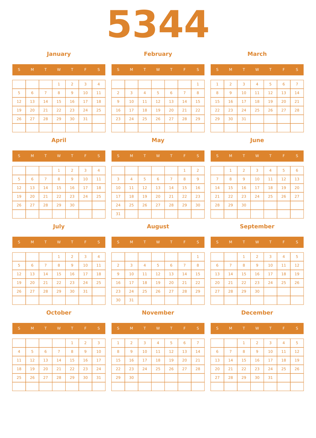 Printable 5344 Year Calendars orange