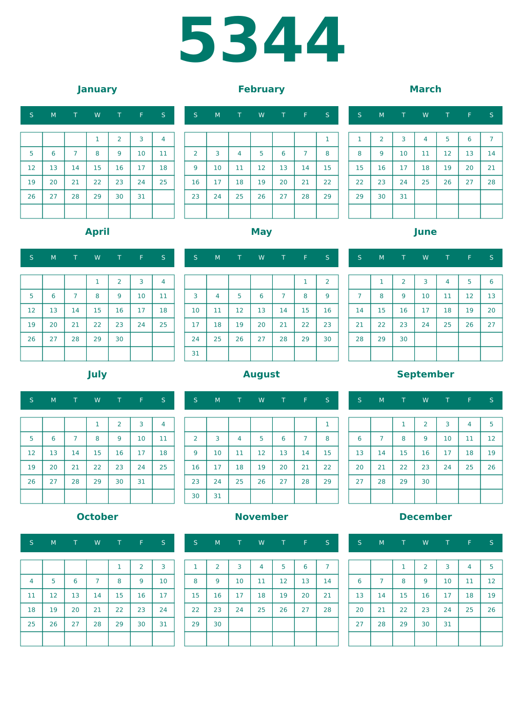 Printable 5344 Year Calendars pastel