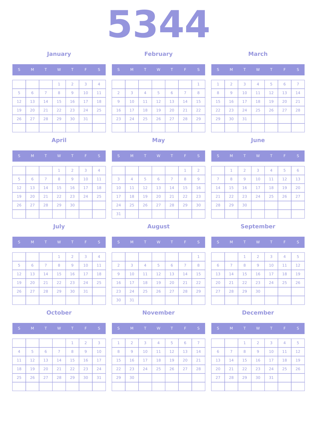 Printable 5344 Year Calendars periwinkle