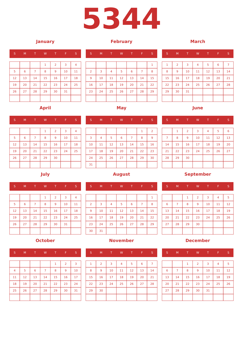 Printable 5344 Year Calendars red