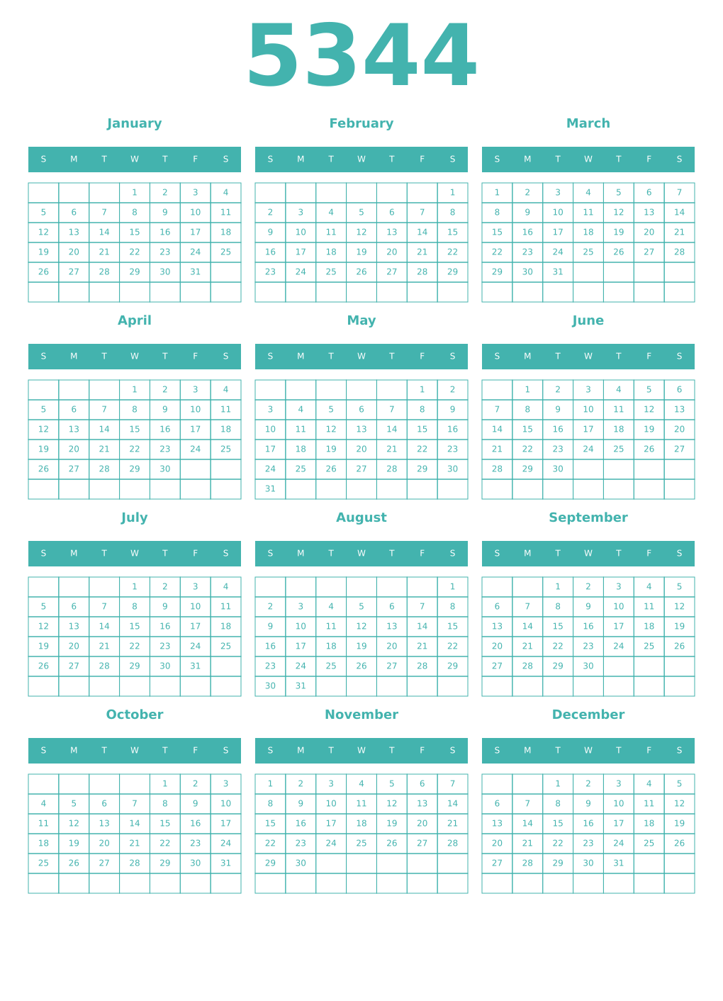 Printable 5344 Year Calendars verdigris