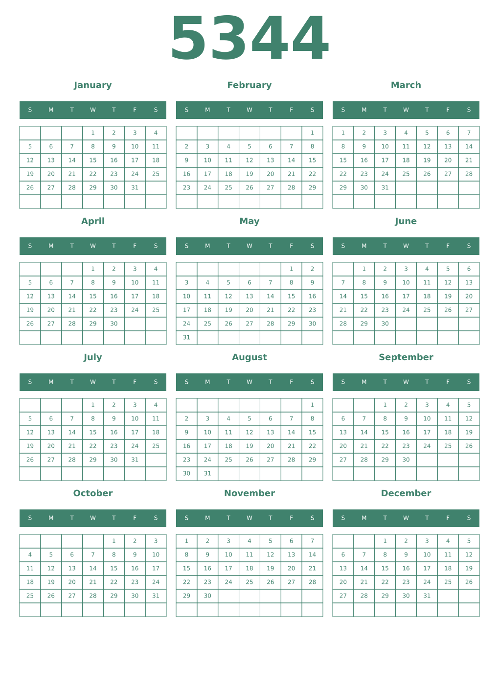 Printable 5344 Year Calendars viridian