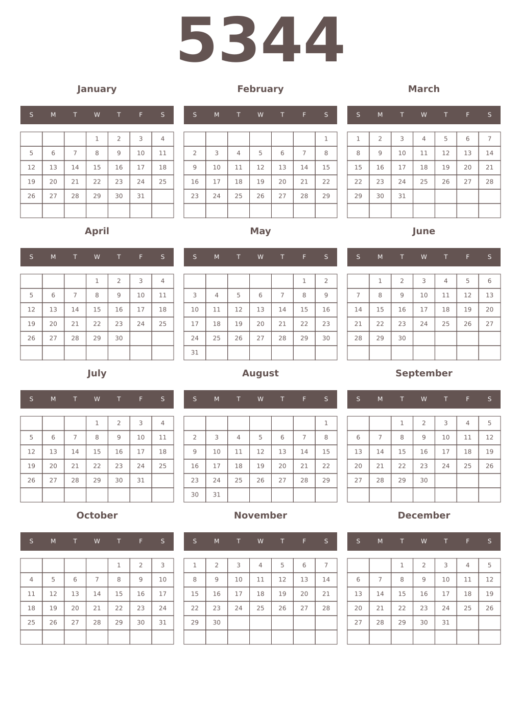 Printable 5344 Year Calendars wenge