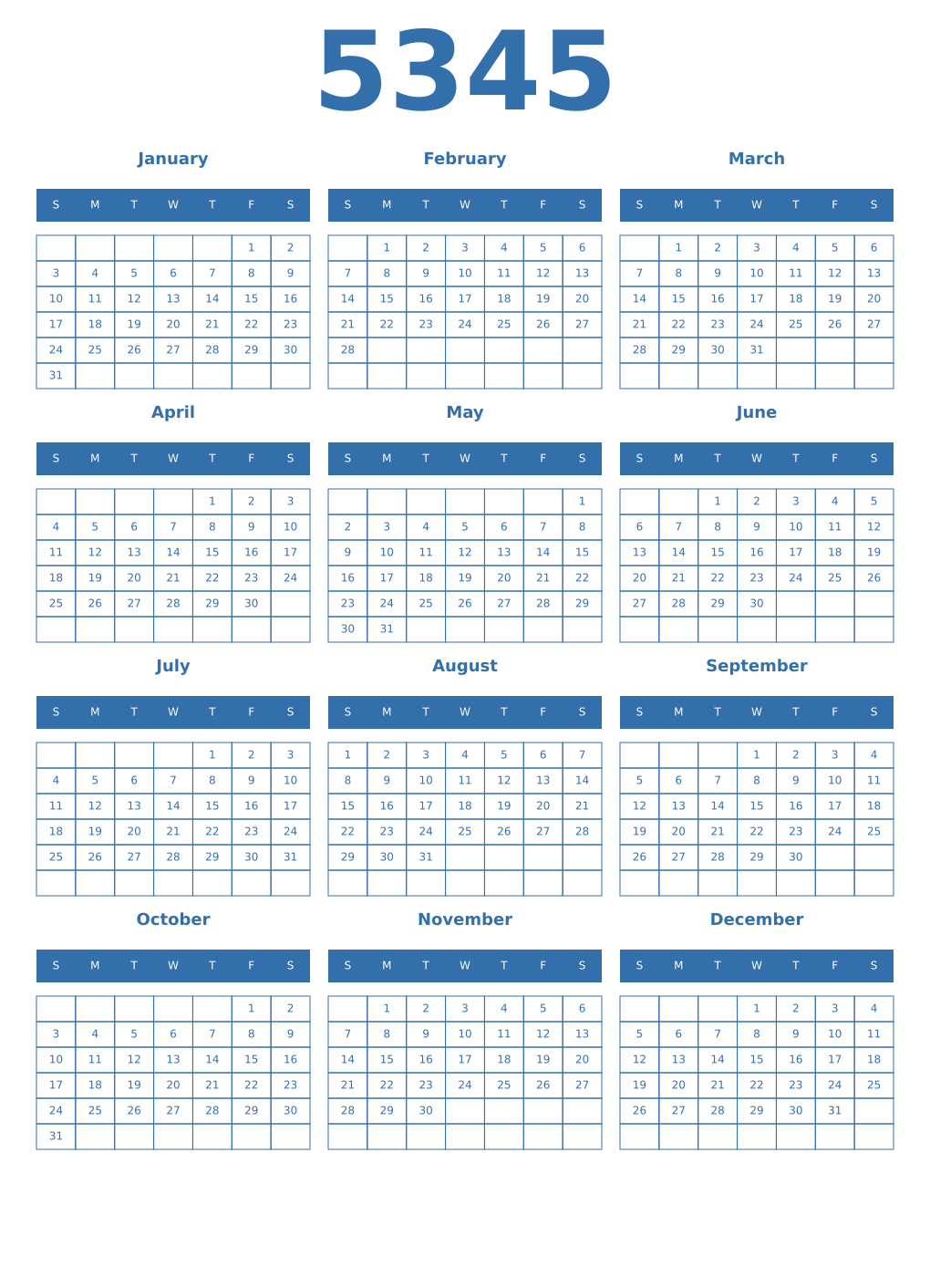 Printable 5345 Year Calendars blue