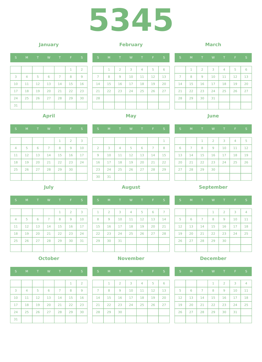 Printable 5345 Year Calendars celadon