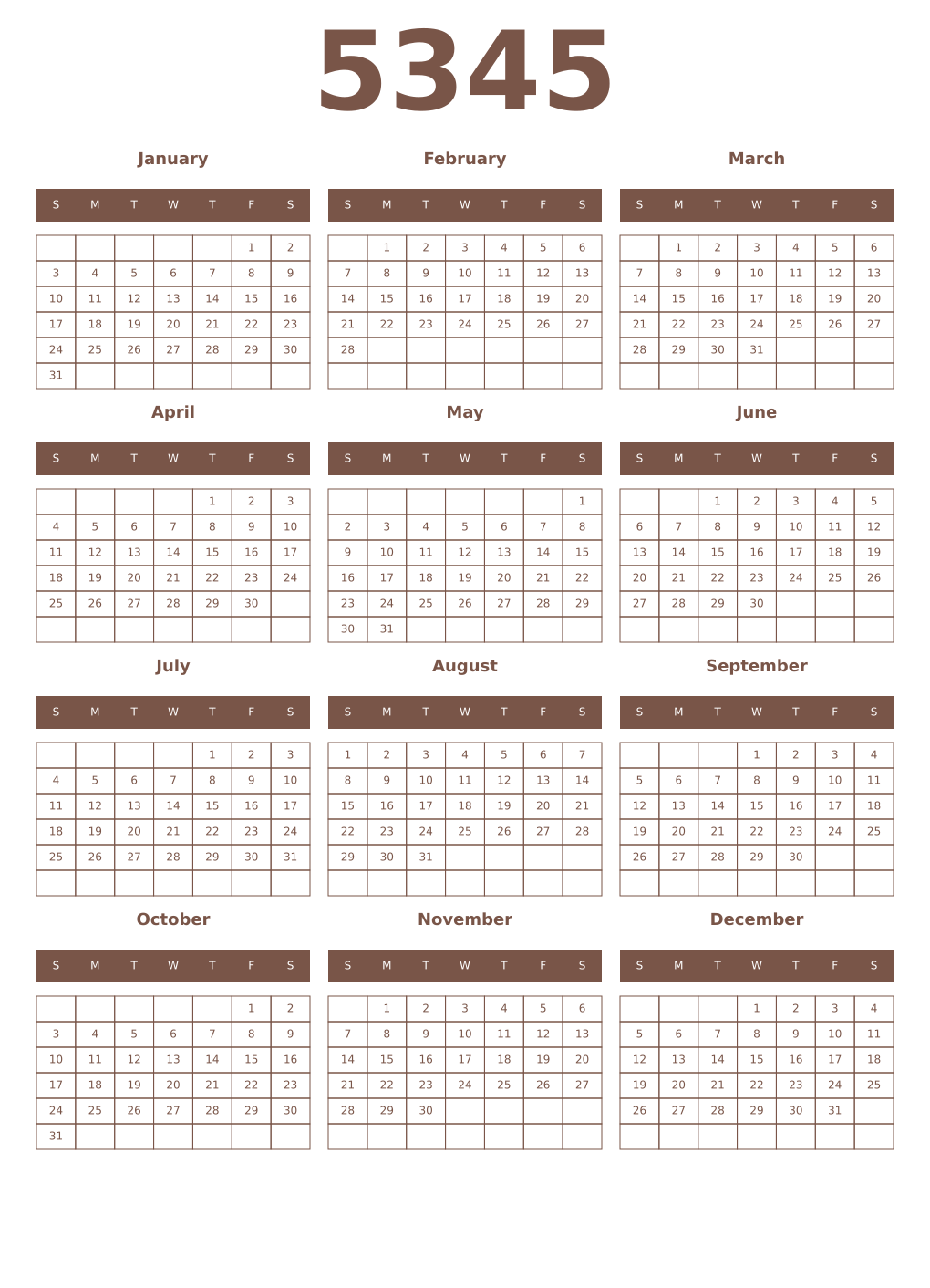 Printable 5345 Year Calendars coffe