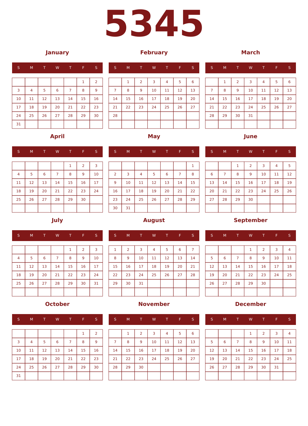 Printable 5345 Year Calendars falu