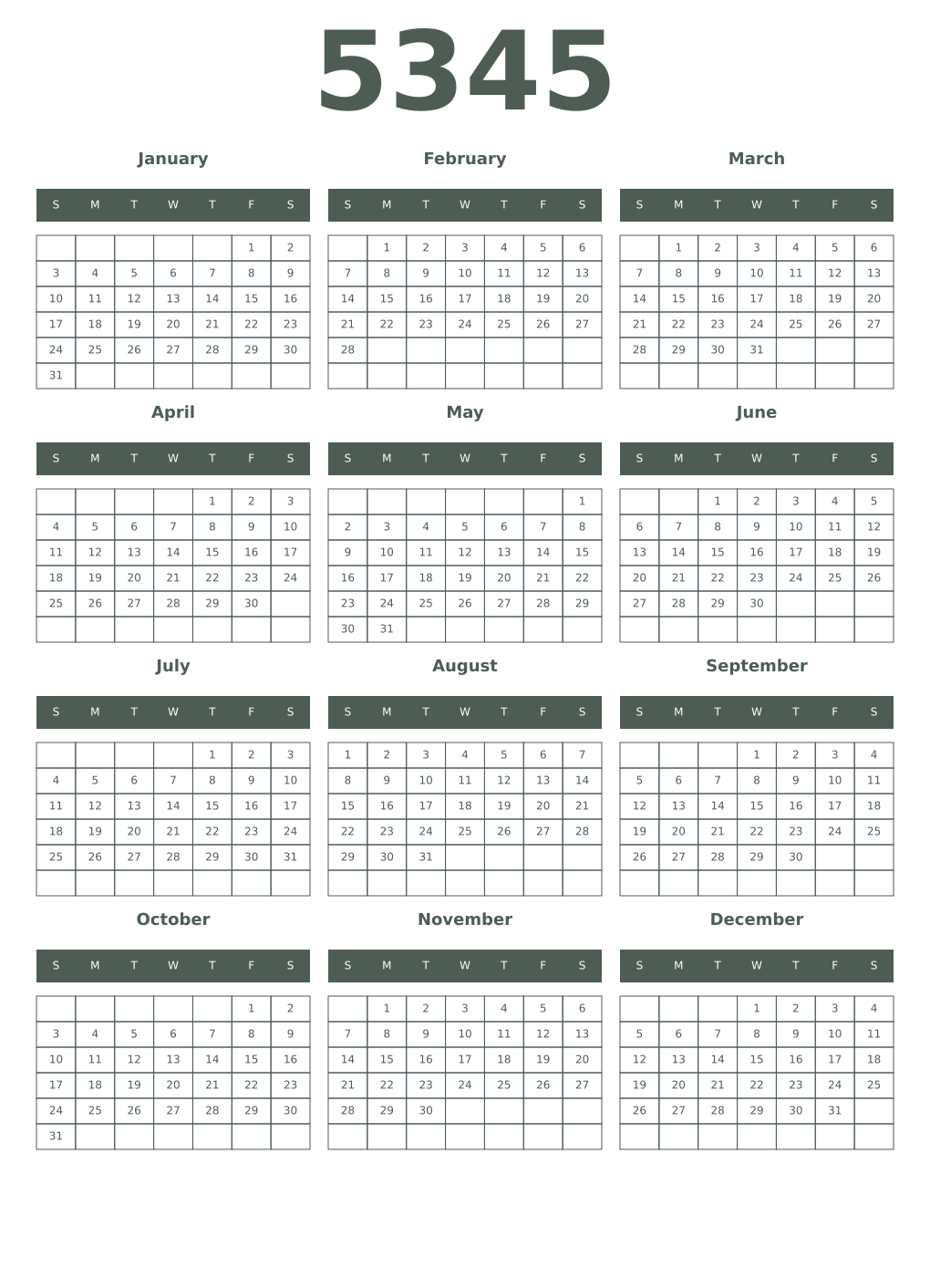Printable 5345 Year Calendars feldgrau
