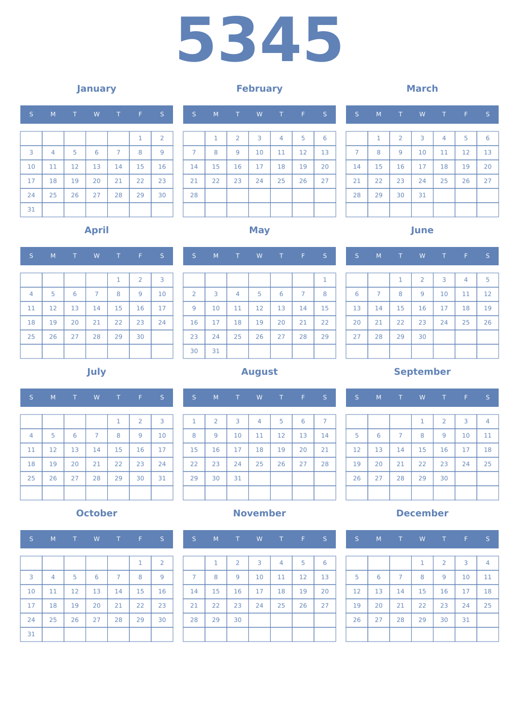 Printable 5345 Year Calendars glaucous