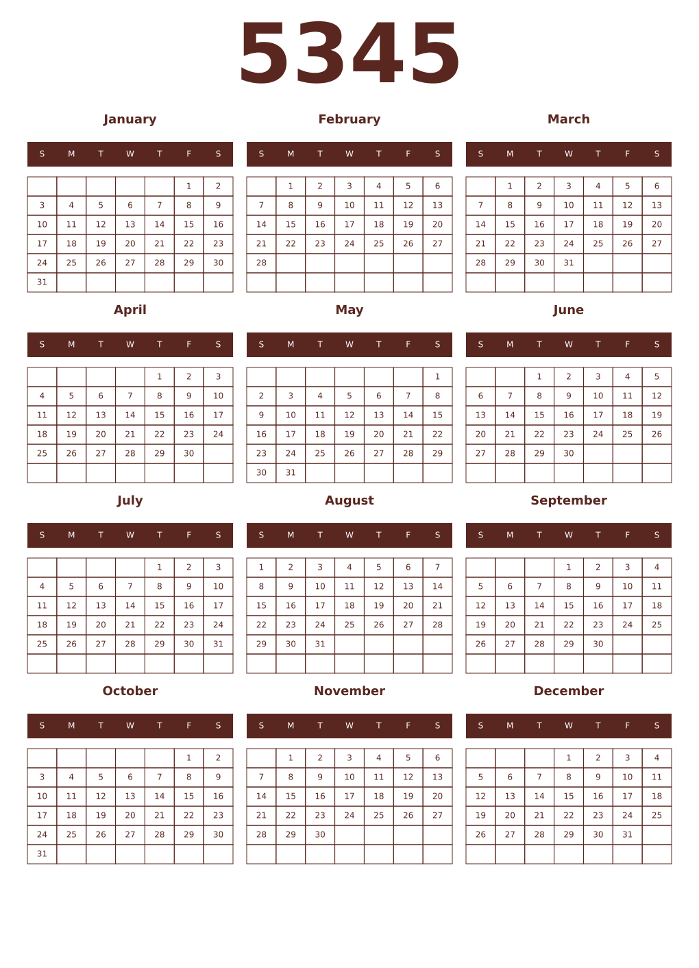 Printable 5345 Year Calendars mortuum