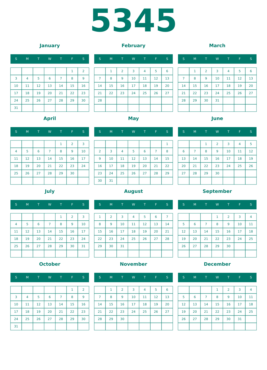 Printable 5345 Year Calendars pastel