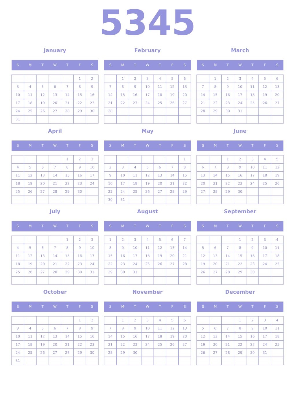 Printable 5345 Year Calendars periwinkle
