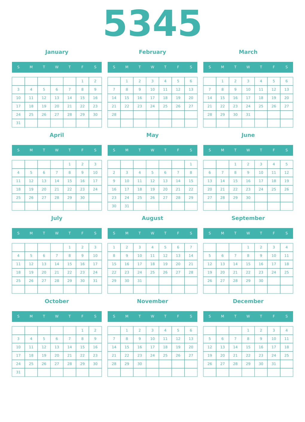 Printable 5345 Year Calendars verdigris