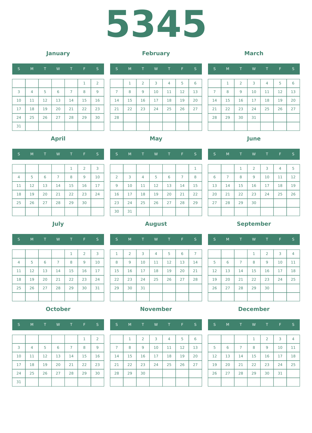 Printable 5345 Year Calendars viridian
