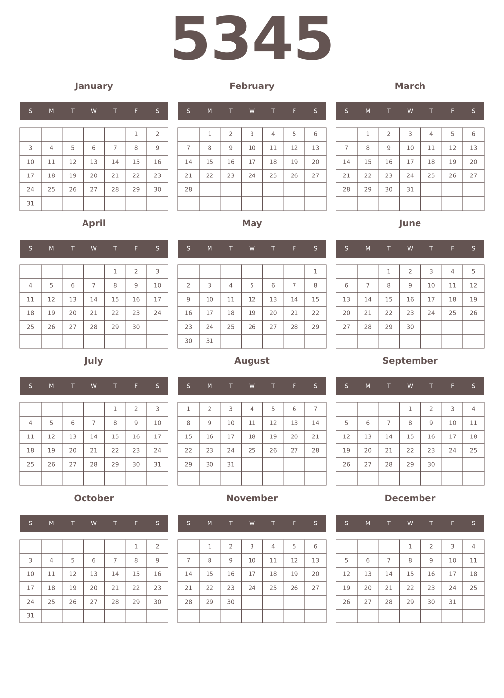 Printable 5345 Year Calendars wenge