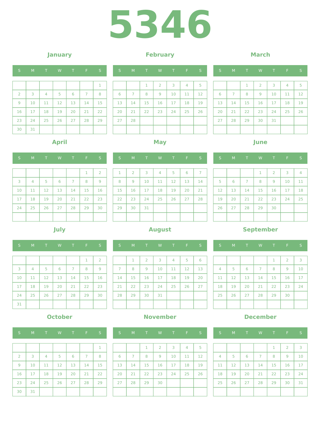 Printable 5346 Year Calendars celadon