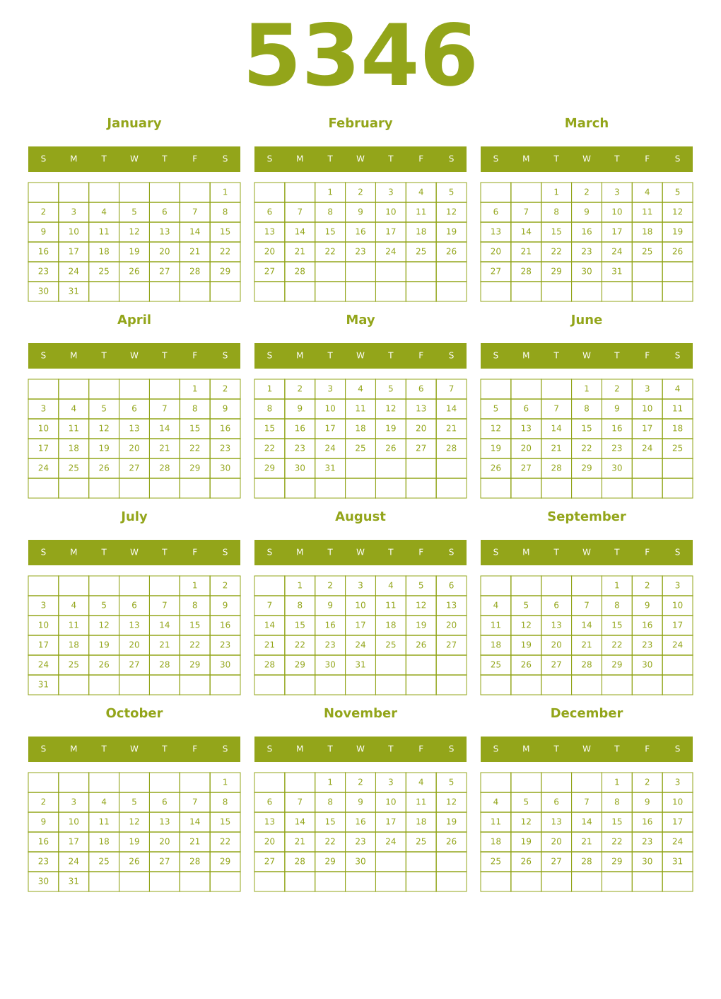 Printable 5346 Year Calendars chartreuse