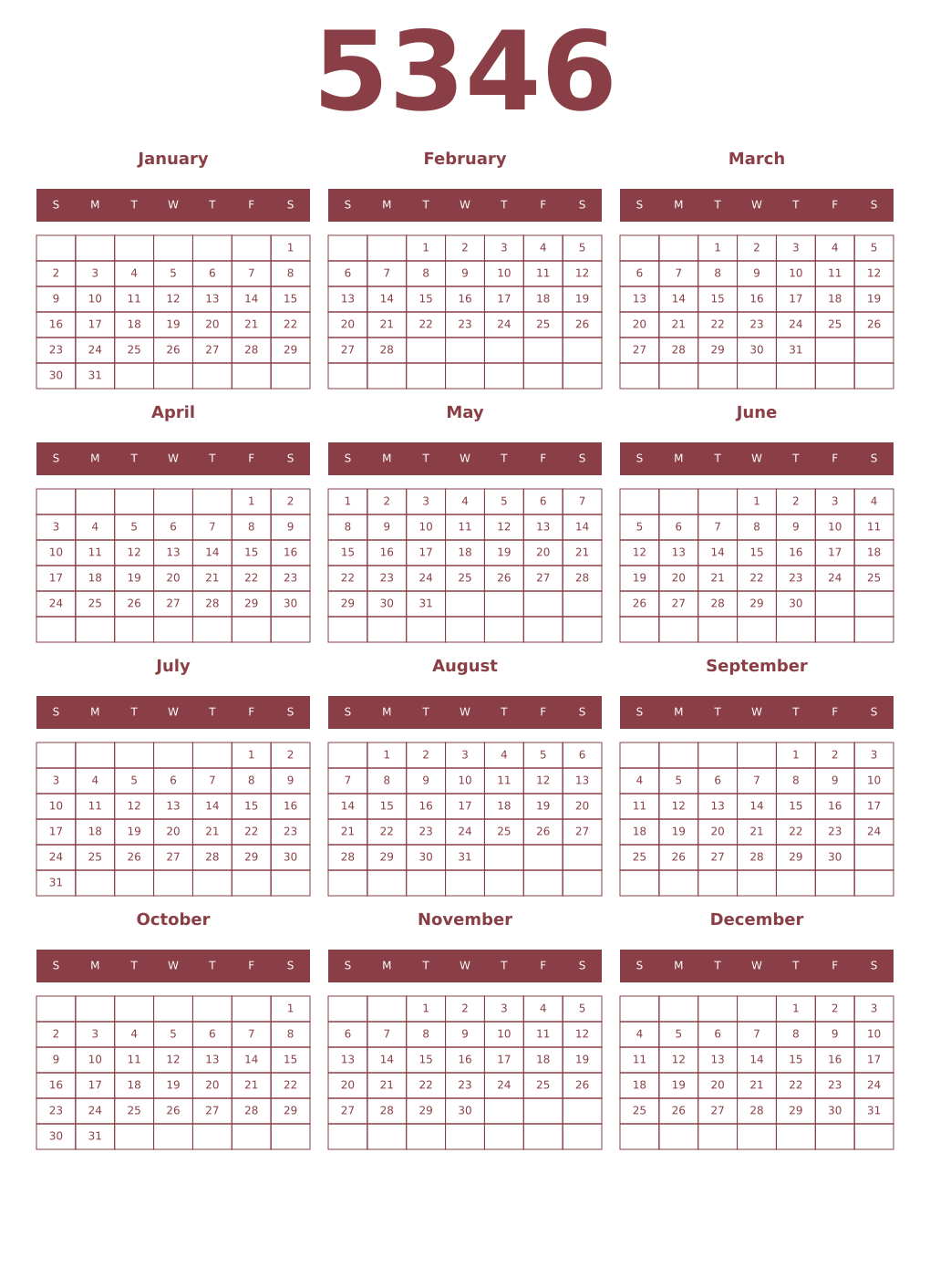 Printable 5346 Year Calendars cordovan